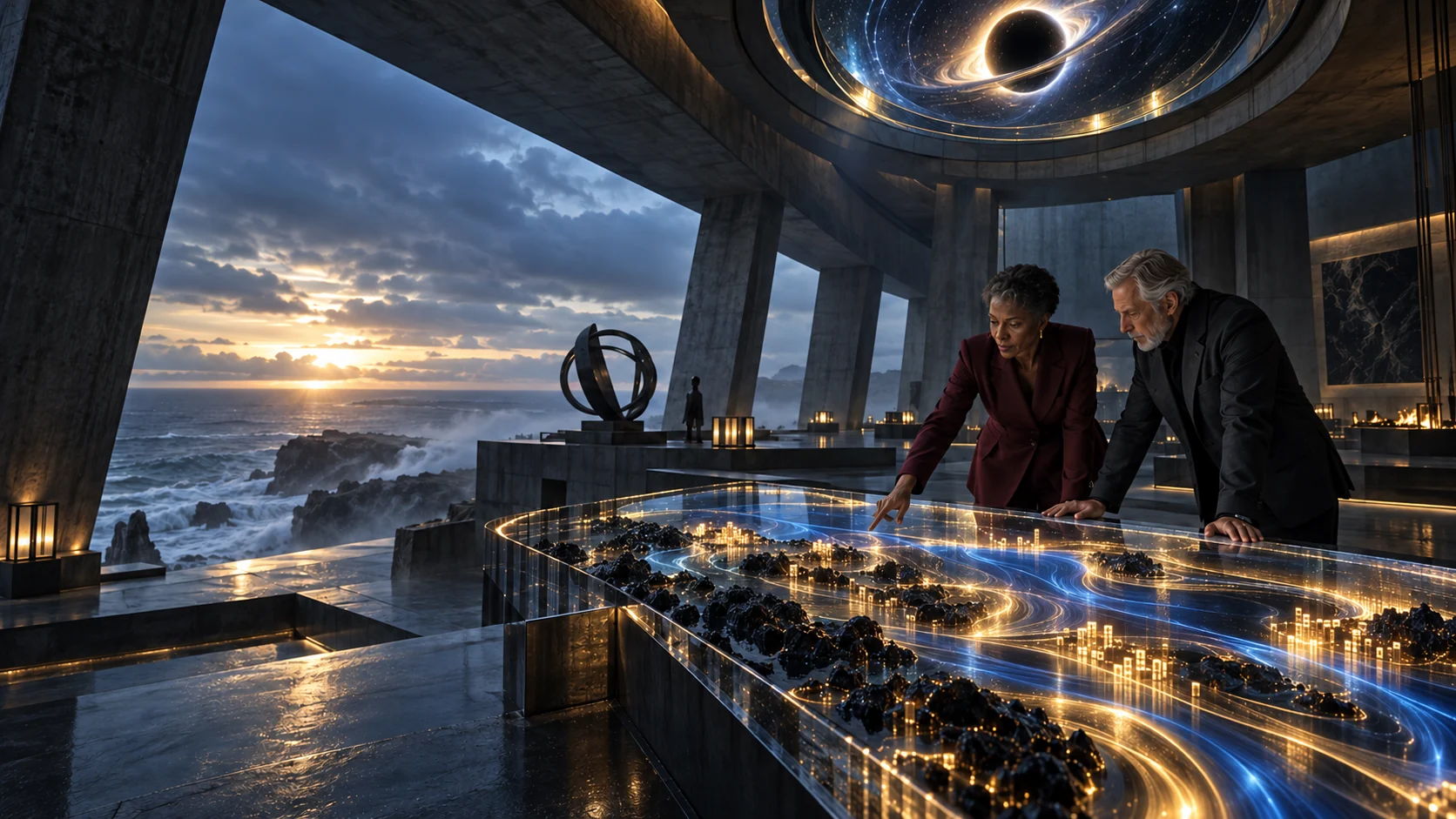 Two senior market professionals study abstract cross-asset flows inside a coastal market observatory beneath the TradingFloor AI black-hole lens.